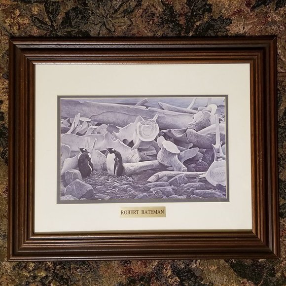 Vintage, Robert Bateman framed wildlife print, "Gentoo Penguins and Whale Bones" - Picture 2 of 5